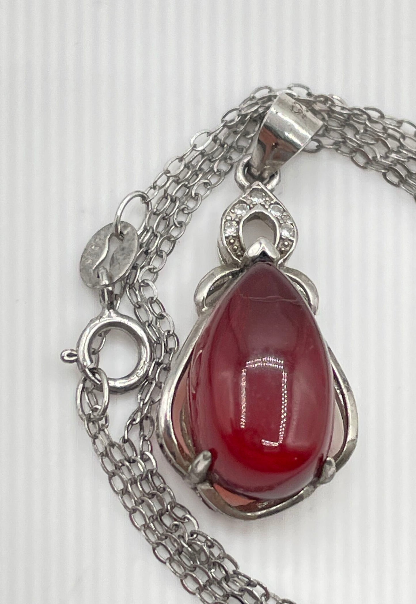 925 Sterling Silver Teardrop Amber W/ CZ Accents Pendant Necklace 2.1g