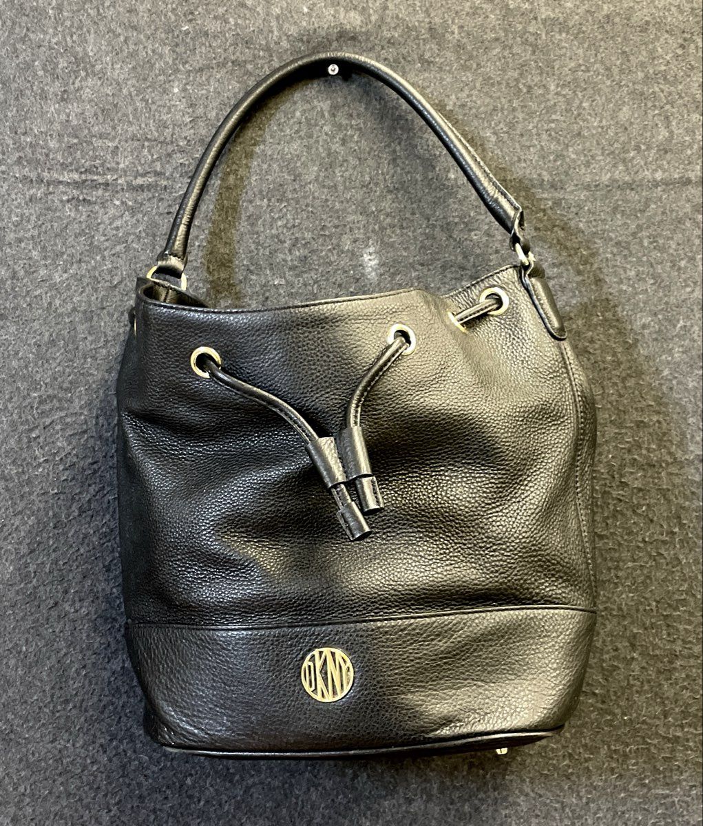 DKNY Black Pebbled Leather Drawstring Bucket Bag Gold Tone Hardware