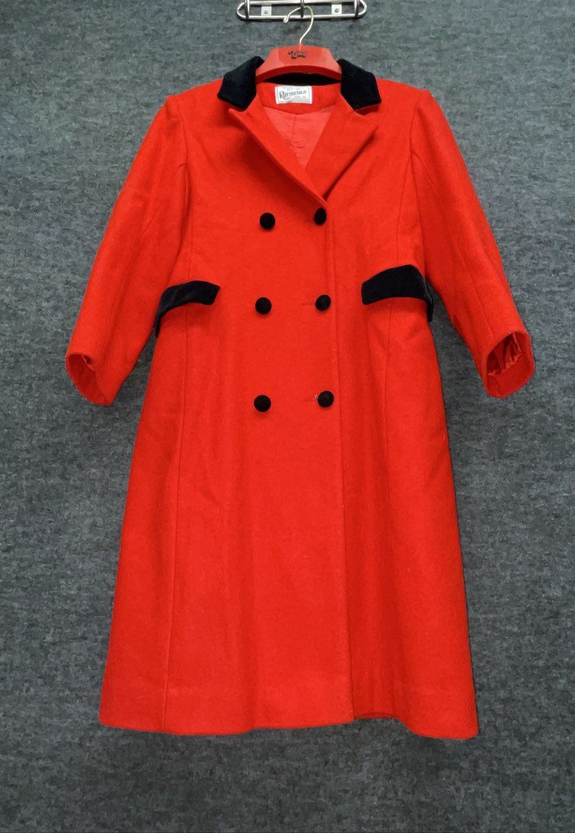 Vintage 90s Rothschild Girls Red Peacoat Velvet Trim Dress Coat Made in USA