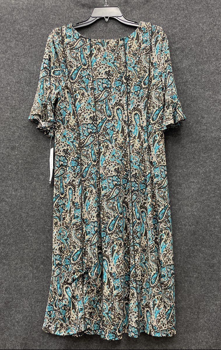 Perceptions Women's Teal Paisley Print Scoop Neck Flutter Sleeve Dress PL NWT