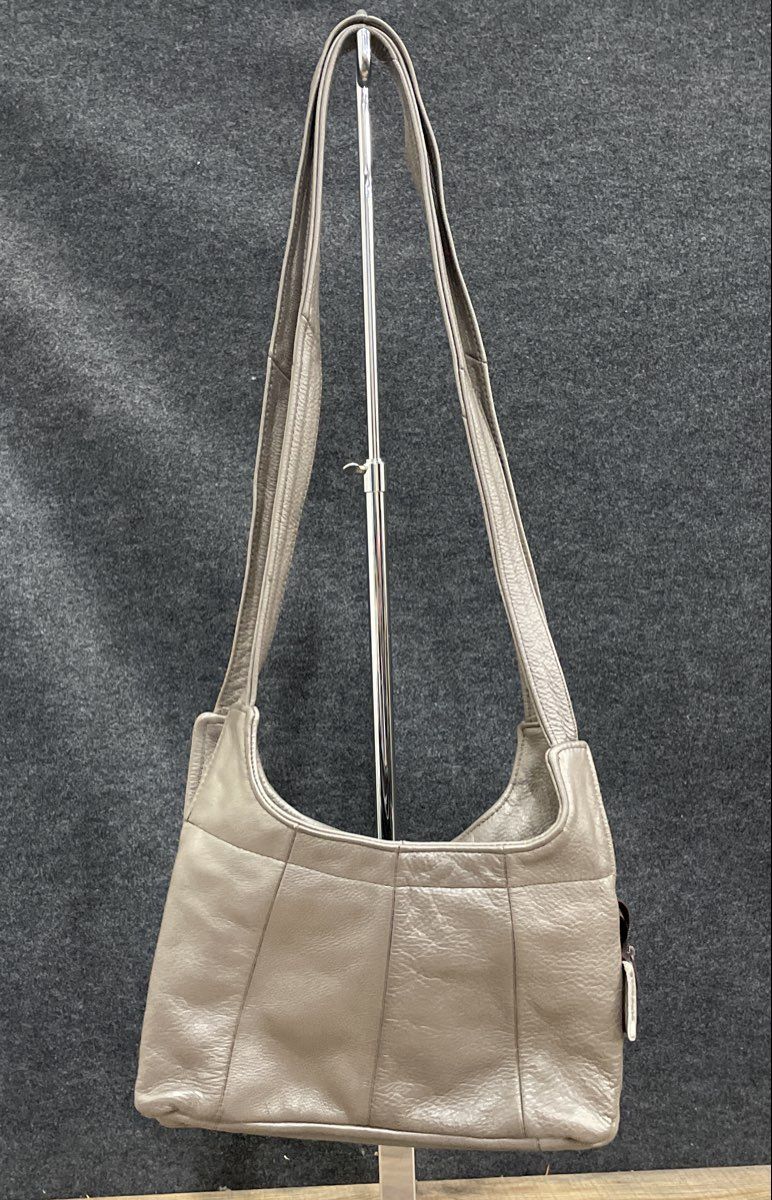 Genuine Grey Pebbled Leather Multi-Compartment Shoulder Bag Triple Zip