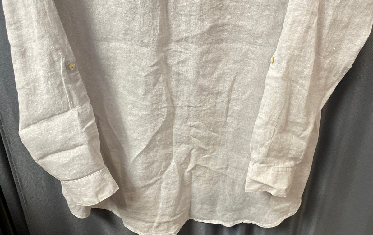Sigrid Olsen Women's White 100% Linen Roll Tab Sleeve Button Front Shirt Sz M