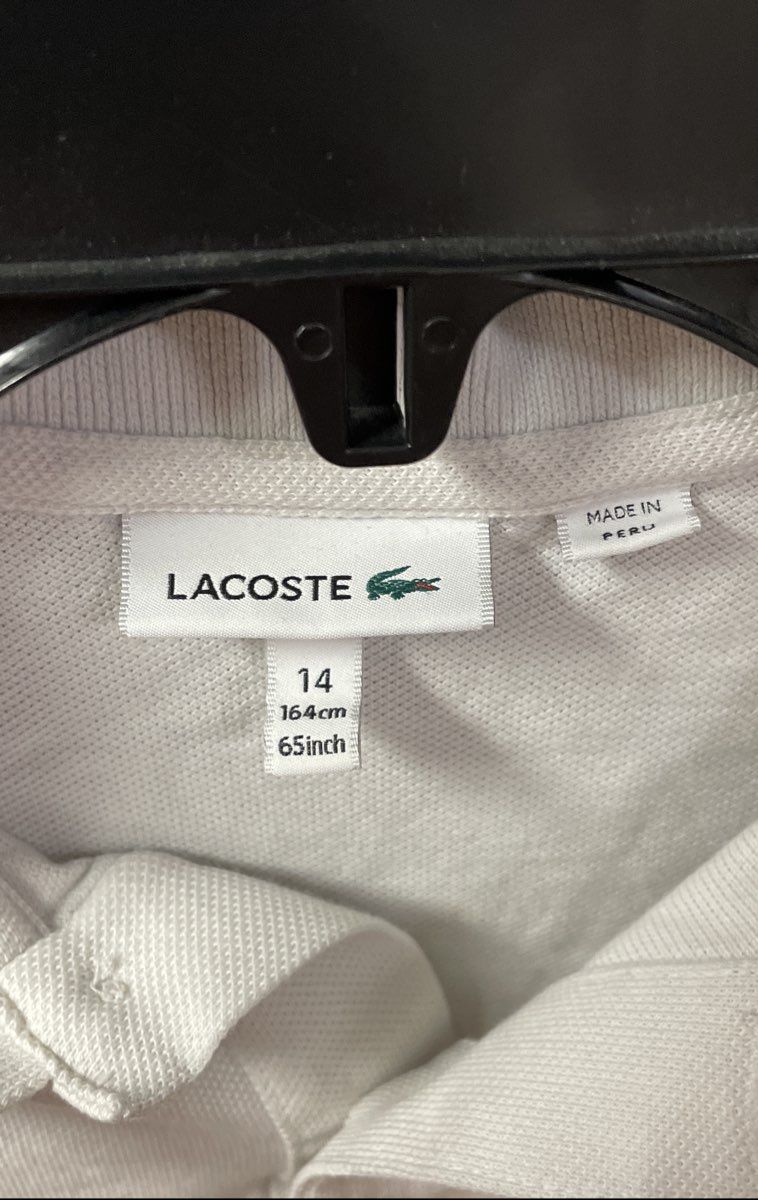 Lacoste Boys White Cotton Pique Polo Shirt Navy Blue Shoulder Stripe Logo Sz 14
