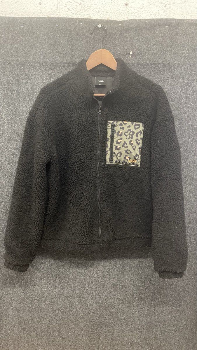 Vans Women's Wild Patchwork Sherpa Jacket Black Leopard Print Pocket Sz S