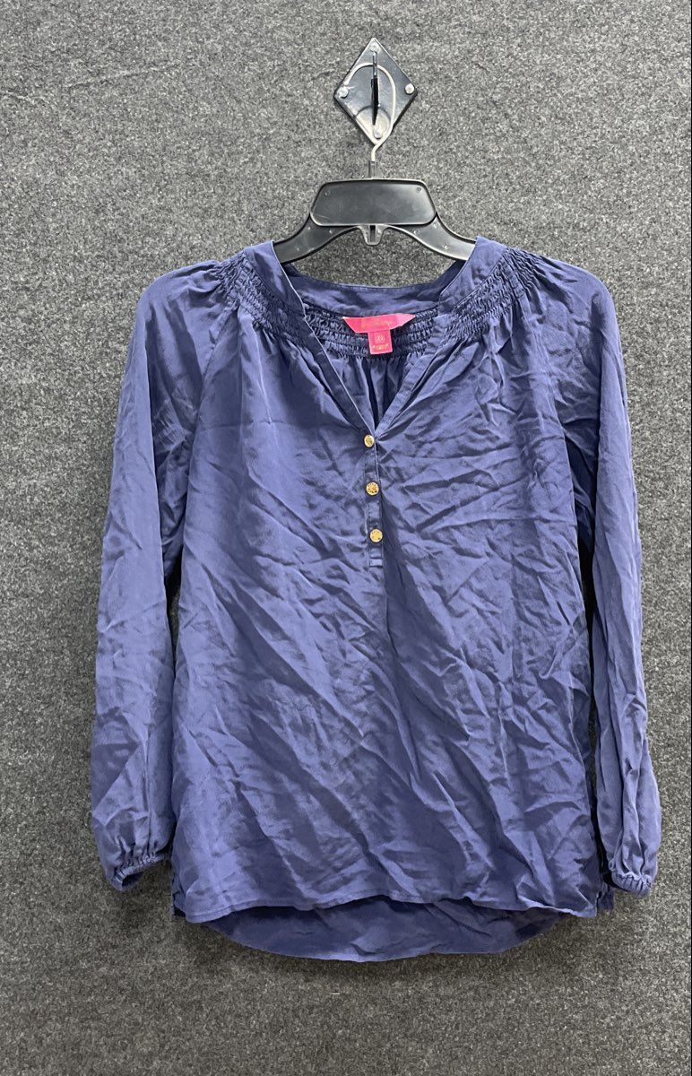 Lilly Pulitzer Women's Navy Blue 100% Silk Smocked Henley Blouse Size XS