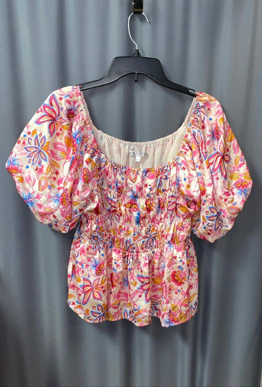 Joy Joy Women's Pink White Floral Smocked Short Sleeve Crop Blouse Top Sz L
