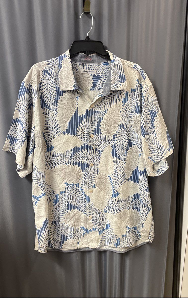 Tommy Bahama Men's Blue White Palm Leaf Striped Silk Blend Aloha Shirt Sz XXL