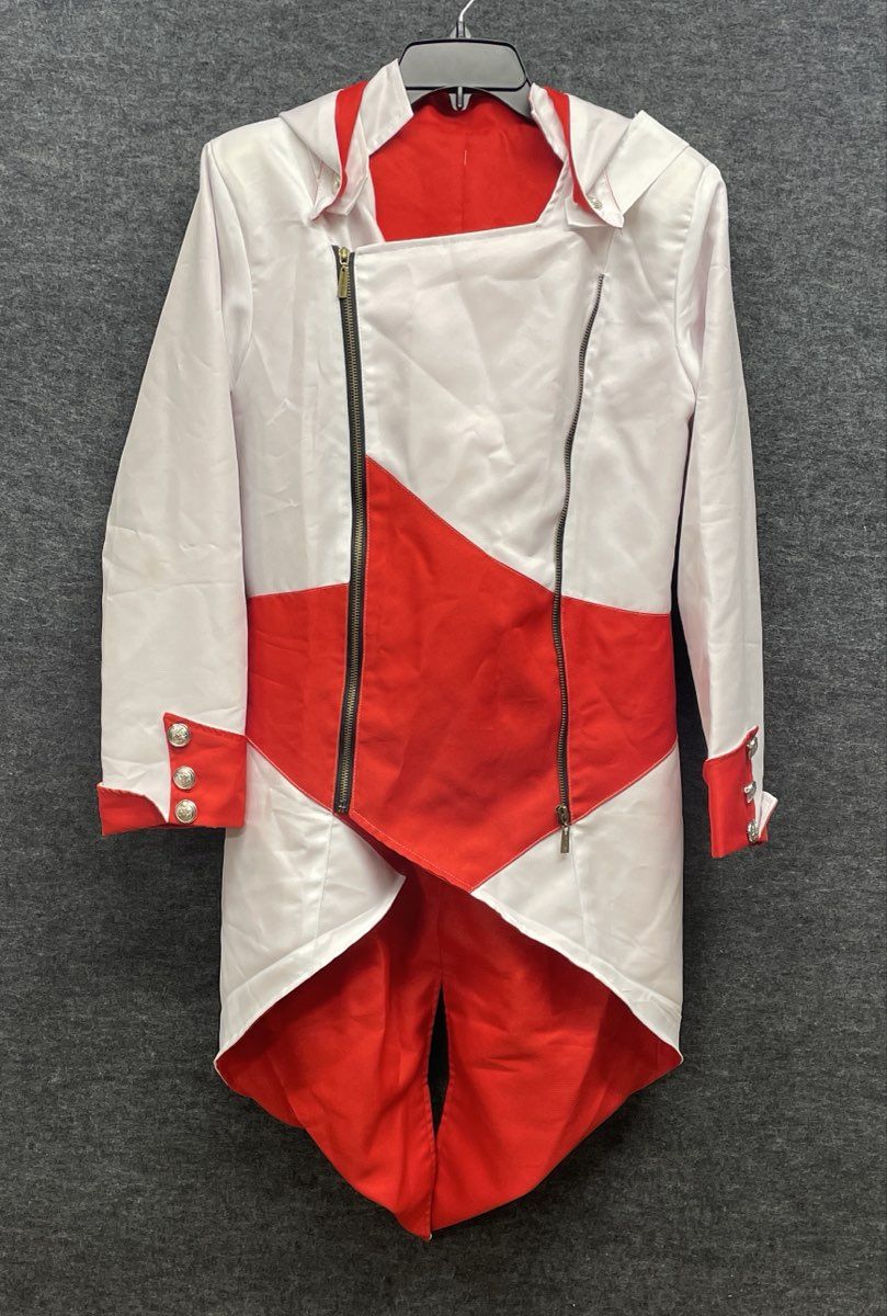 White Red Asymmetrical Zip Hooded Cosplay Tailcoat Jacket Silver Crest Buttons