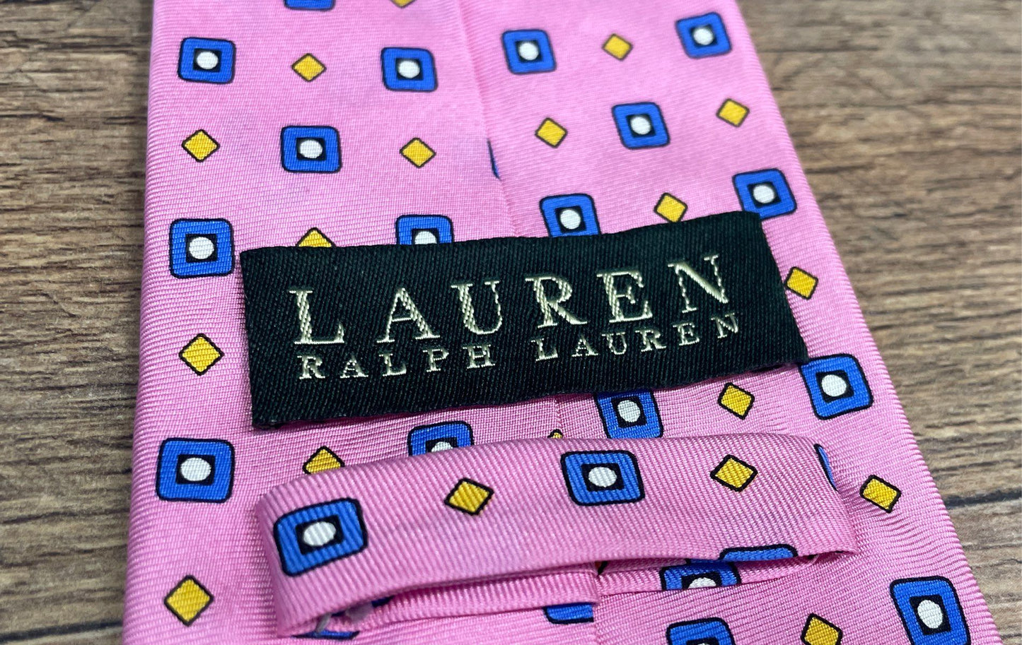 Lauren Ralph Lauren Men's Pink Blue Geometric Square Diamond Pattern Silk Tie