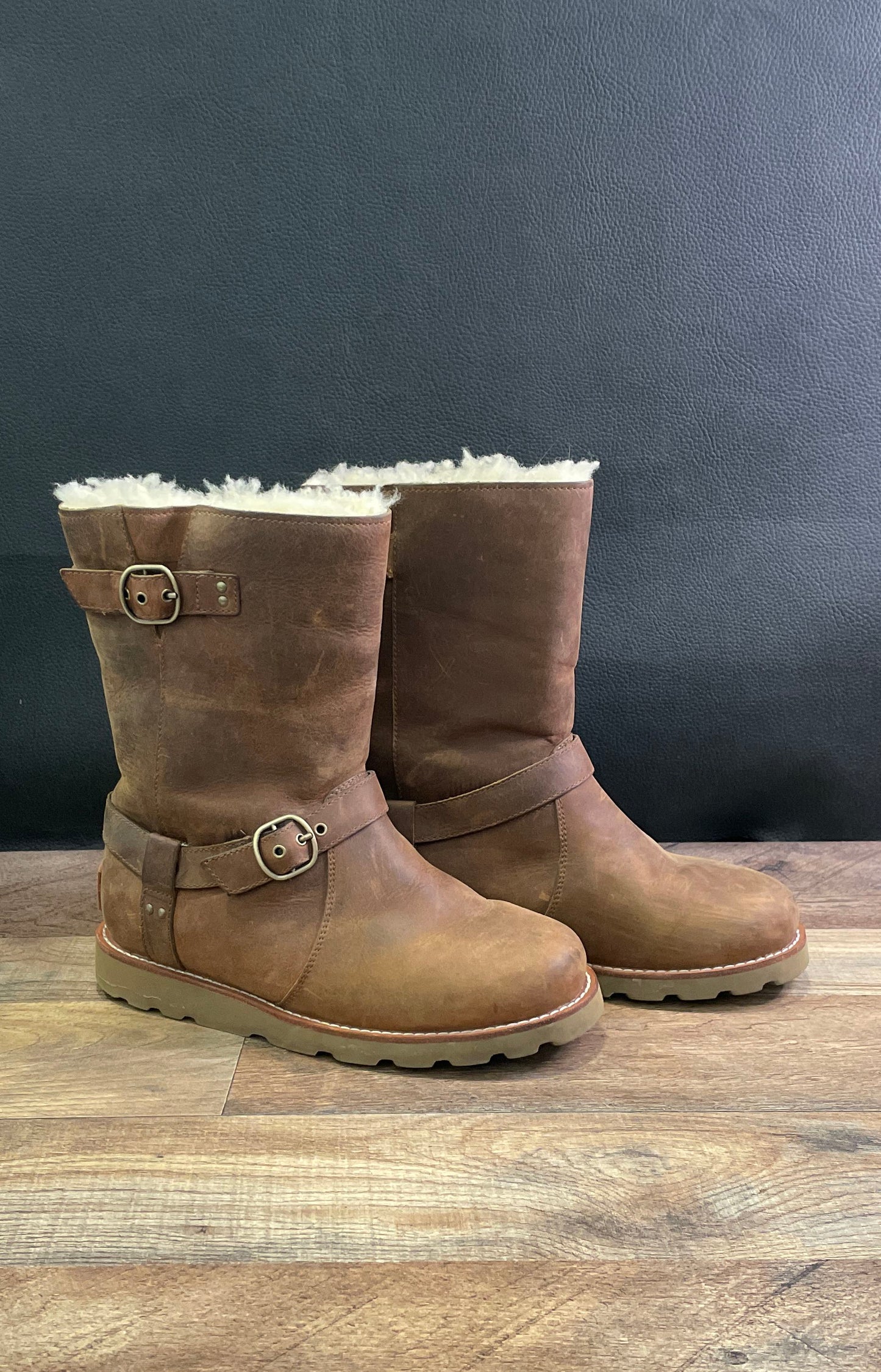 UGG Roslynn Stout Brown Leather Waterproof Mid Calf Buckle Boots Women's Size 5