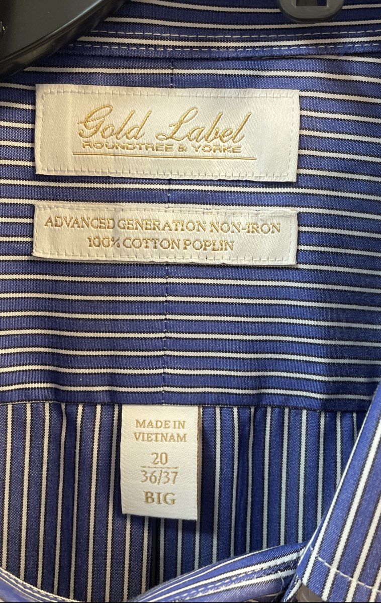 Roundtree & Yorke Gold Label Men's Blue Striped Non-Iron Shirt 20 36/37 Big NWT