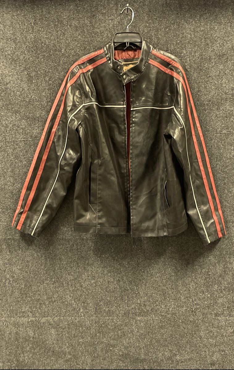 Arizona Men's Black Moto Racer Jacket Faux Leather Red Stripes Vintage Y2K Sz M
