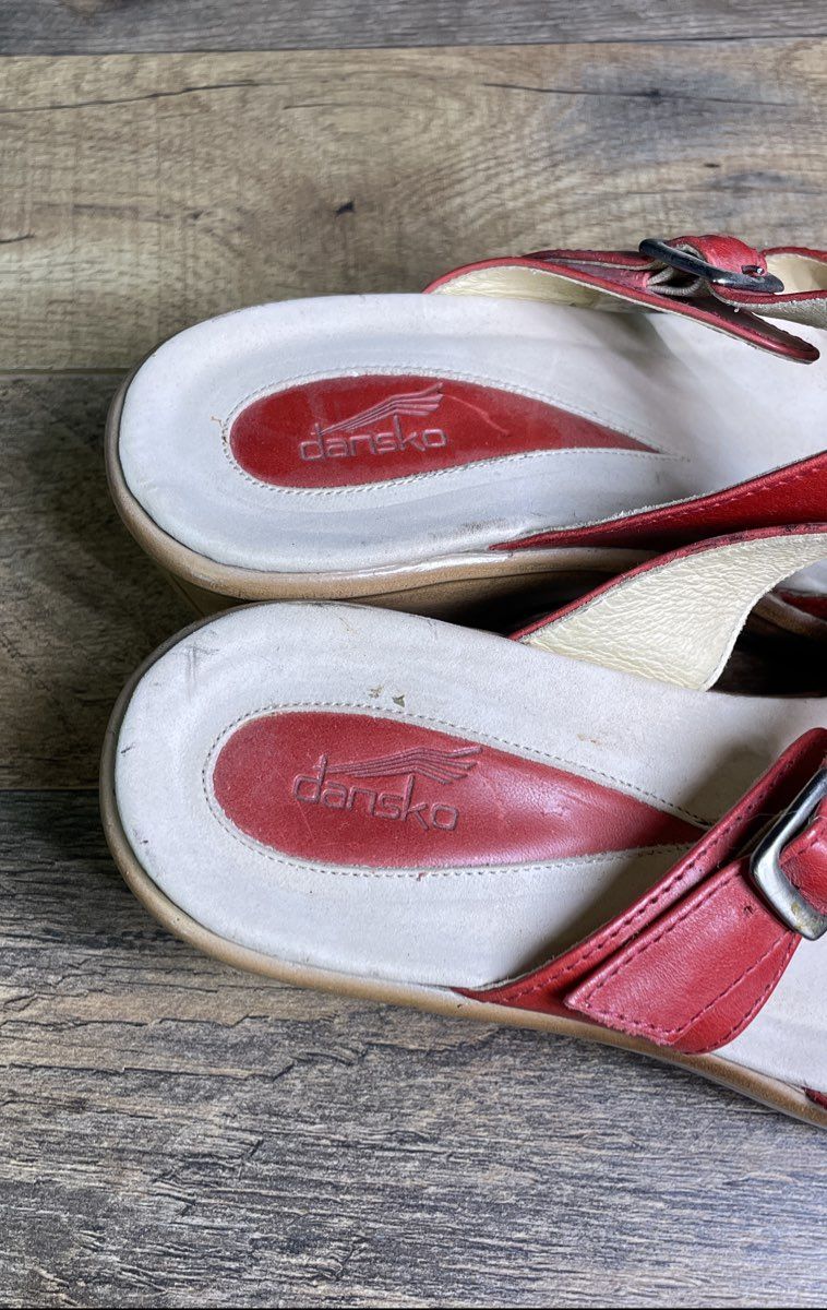Dansko Women's Red Leather Perforated Wedge Sandals Size 37/6.5-7
