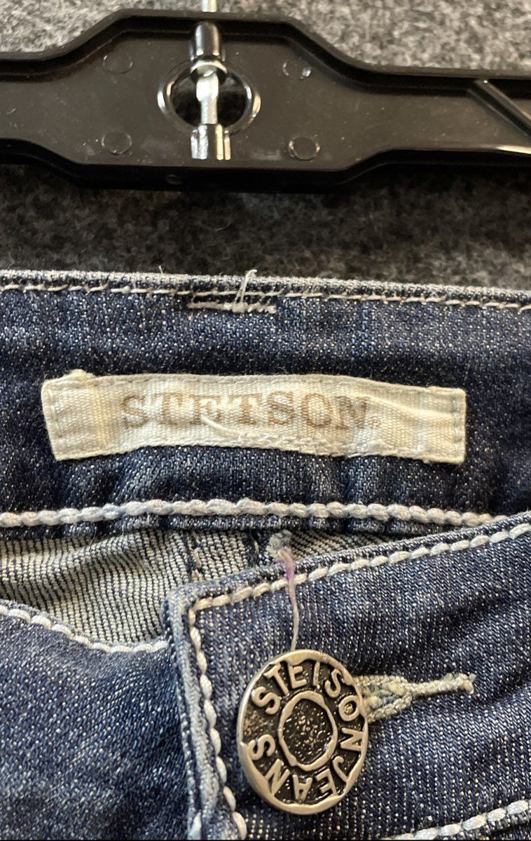 Stetson Women's Blue Distressed Rhinestone Flap Bootcut Jeans Sz 10