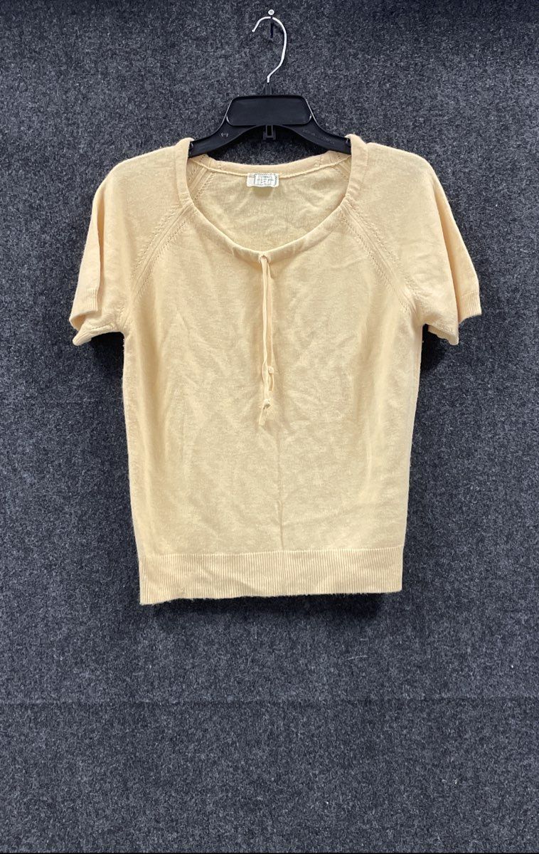 Vintage 70s Yellow Textured Orlon Acrylic Knit Short Sleeve Tie Neck Top Sz S/M
