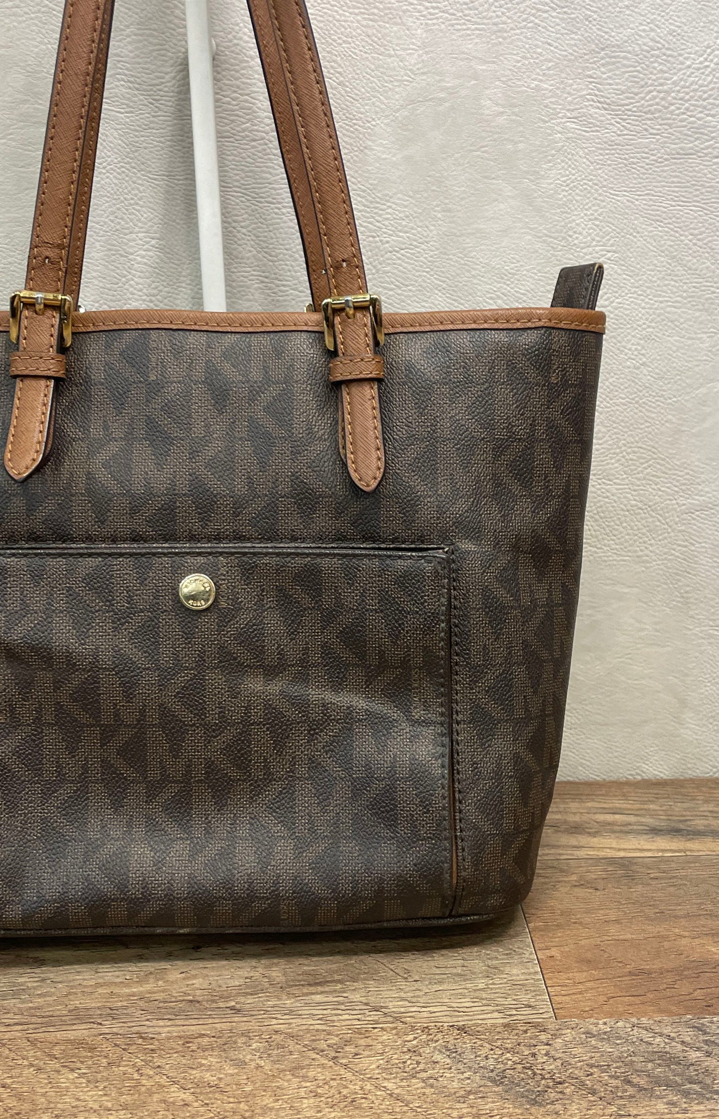 Michael Kors Brown Signature Monogram Tote Bag Gold Hardware Medium