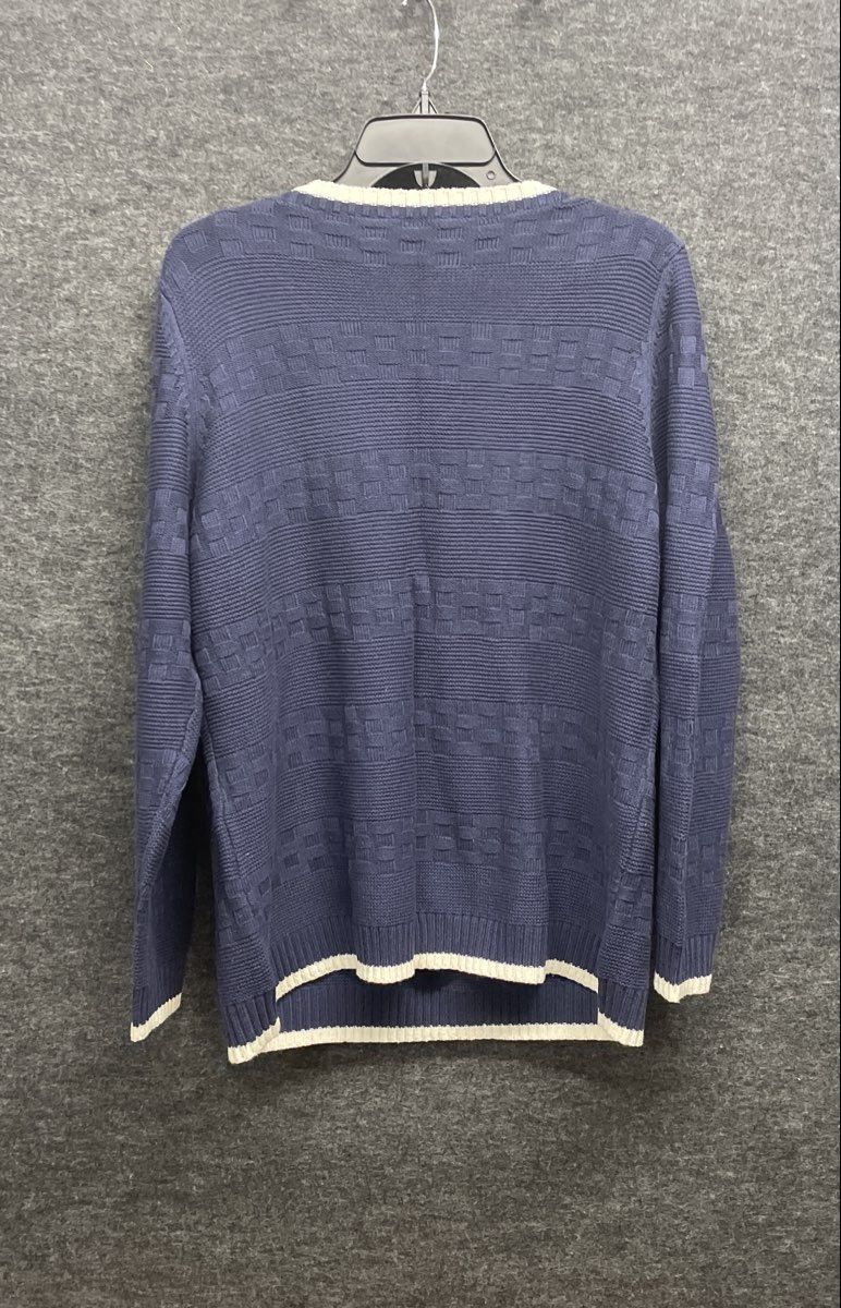 Liz Claiborne Women's V-Neck Sweater Navy Blue Textured Knit White Trim Sz 1X
