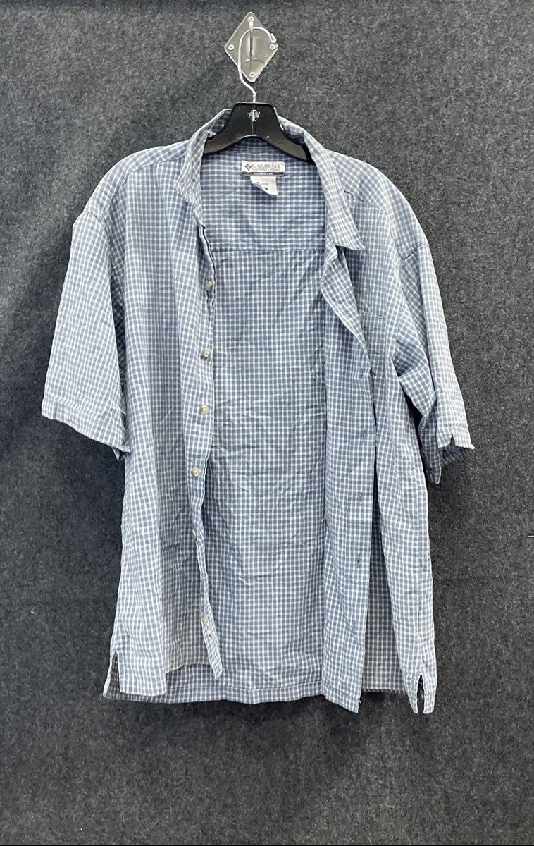 Columbia Men's Blue White Plaid 100% Cotton SS Button-Up Fishing Shirt Sz L