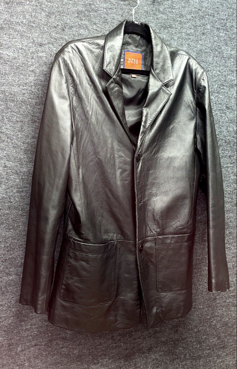 NH League Men's Black Leather Car Coat Blazer Jacket Vintage 90s Sz 46L