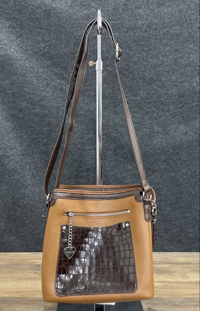 Aurielle Brown Leather Crossbody Bag Faux Croc Trim Heart Charm
