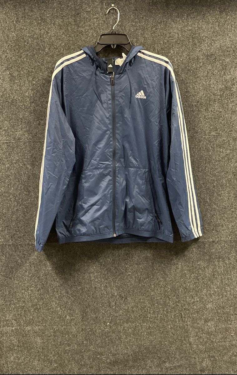 Adidas Men's ESS Windbreaker Jacket Blue Hooded Full Zip 3 Stripe NWT Size M