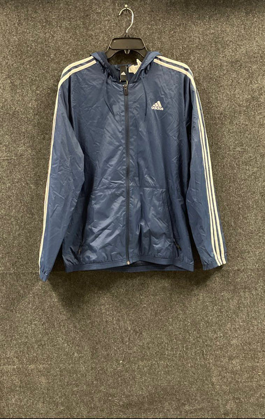 Adidas Men's ESS Windbreaker Jacket Blue Hooded Full Zip 3 Stripe NWT Size M