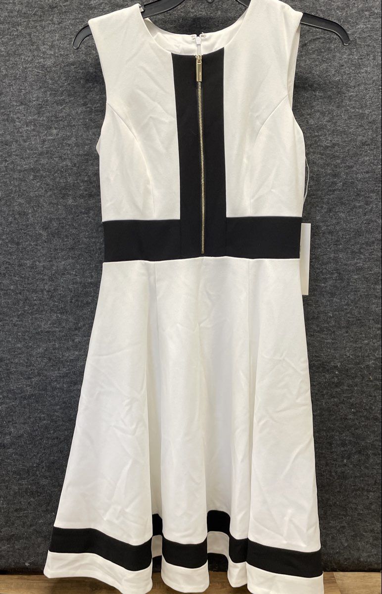 Calvin Klein Women's White Black Colorblock A-Line Sleeveless Zip Dress NWT