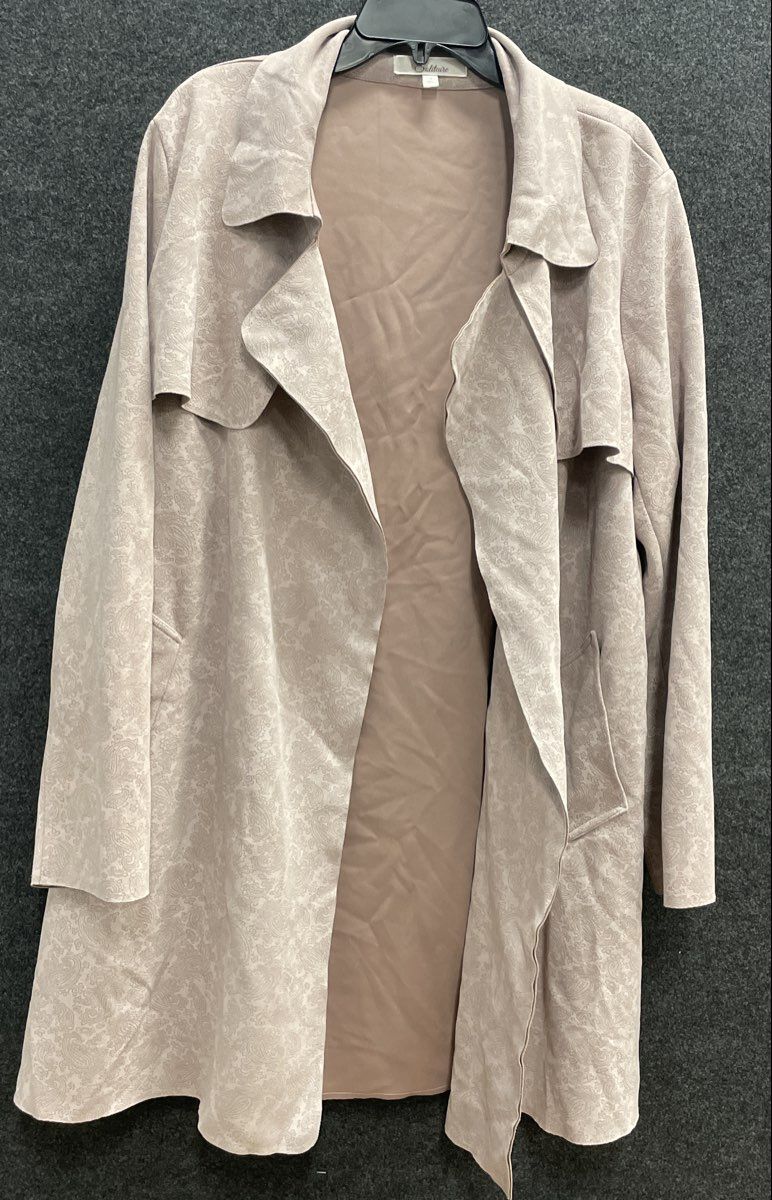 Solitaire Women's Mauve Paisley Faux Suede Open Front Duster Trench Coat Sz 1X