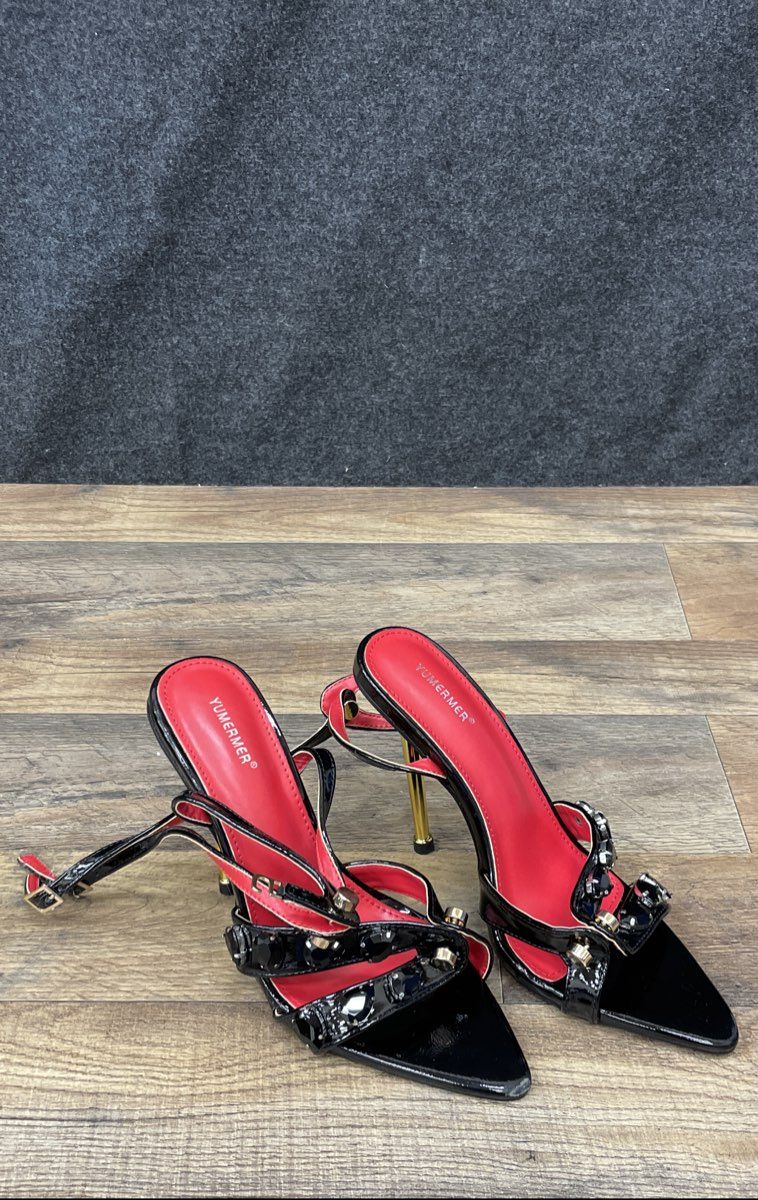 Yumermer Black Red Patent Pointed Toe Stiletto Sandals Size 37
