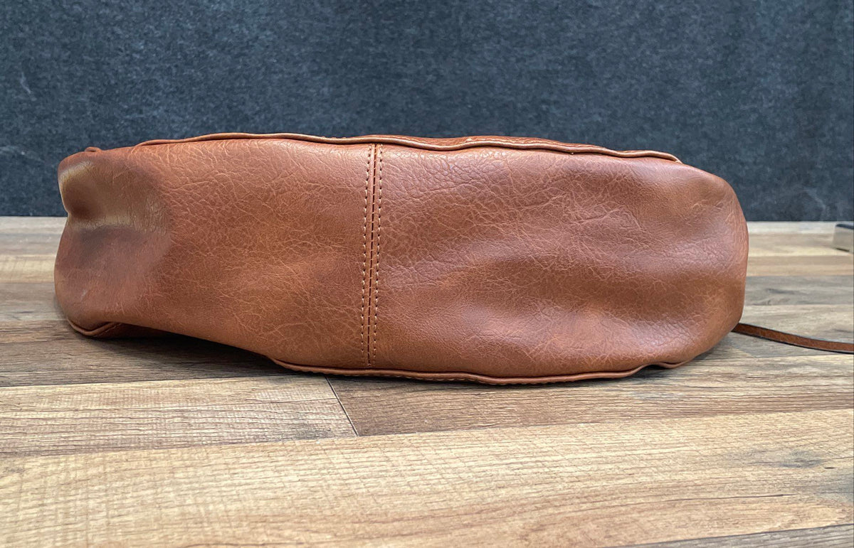 Cognac Brown Leather Hobo Shoulder Bag Tassel Woven Stitch Detail Large