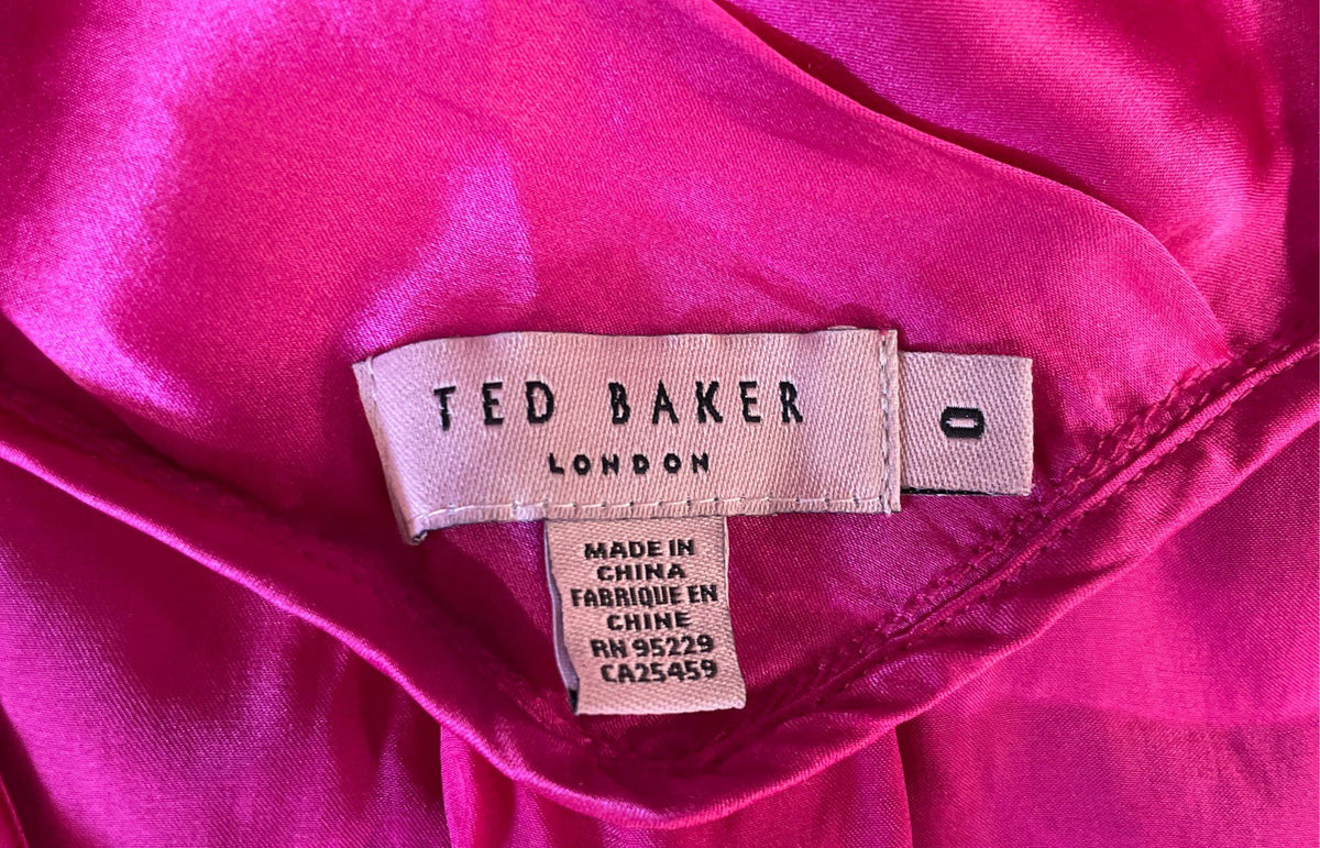 Ted Baker Women's Pink 100% Silk Puff Sleeve Tie Neck Blouse Top Size 0