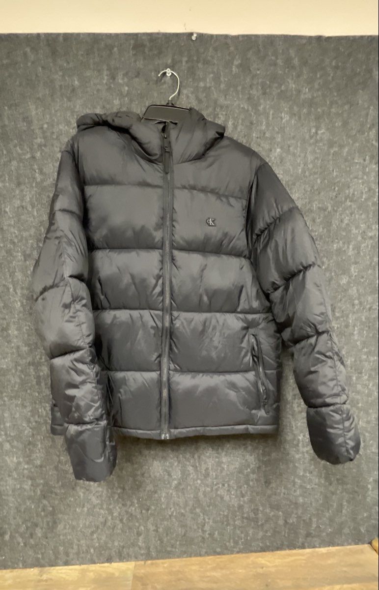 Calvin Klein Jeans Men's Black Hooded Puffer Jacket Full Zip Quilted Logo Sz S