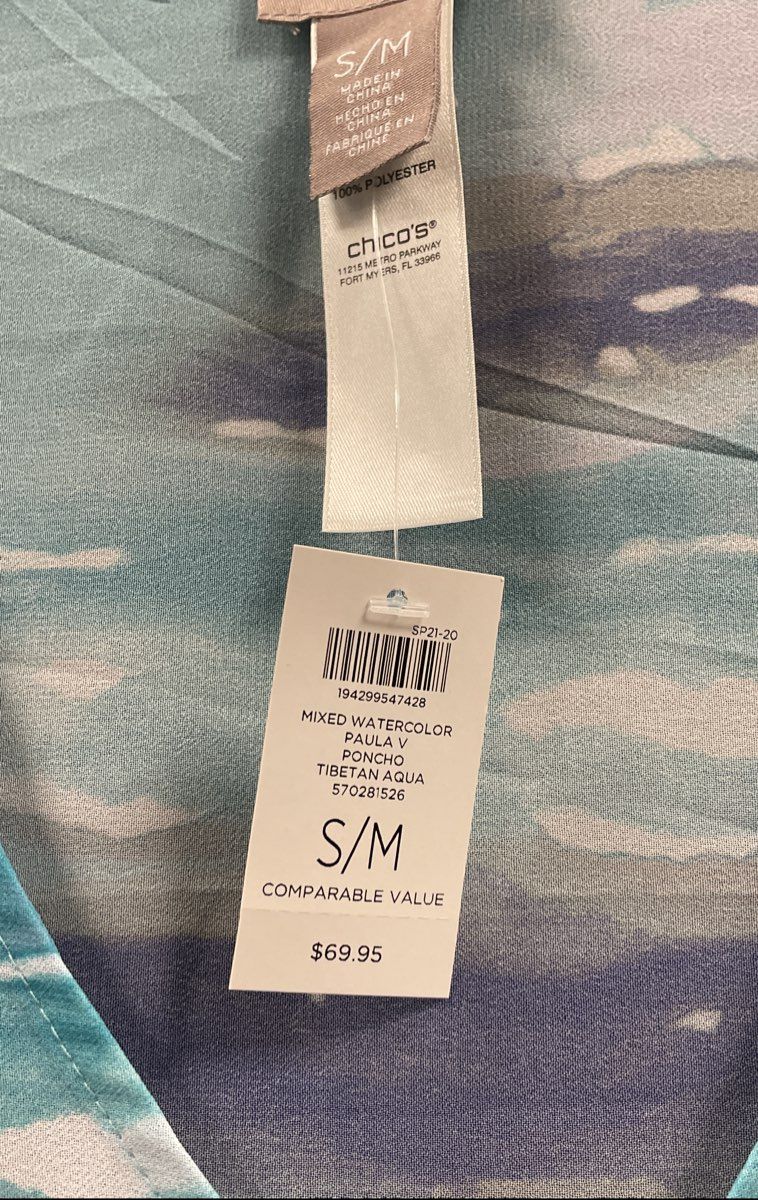 Chico's Women's Paula V Poncho Tibetan Aqua Blue Mixed Watercolor Sz S/M NWT