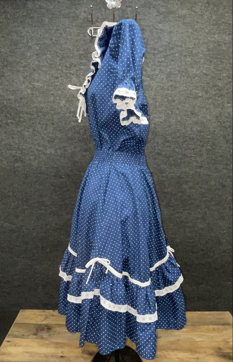 Vintage 80s Blue Polka Dot Square Dance Skirt Blouse Set Eyelet Size M