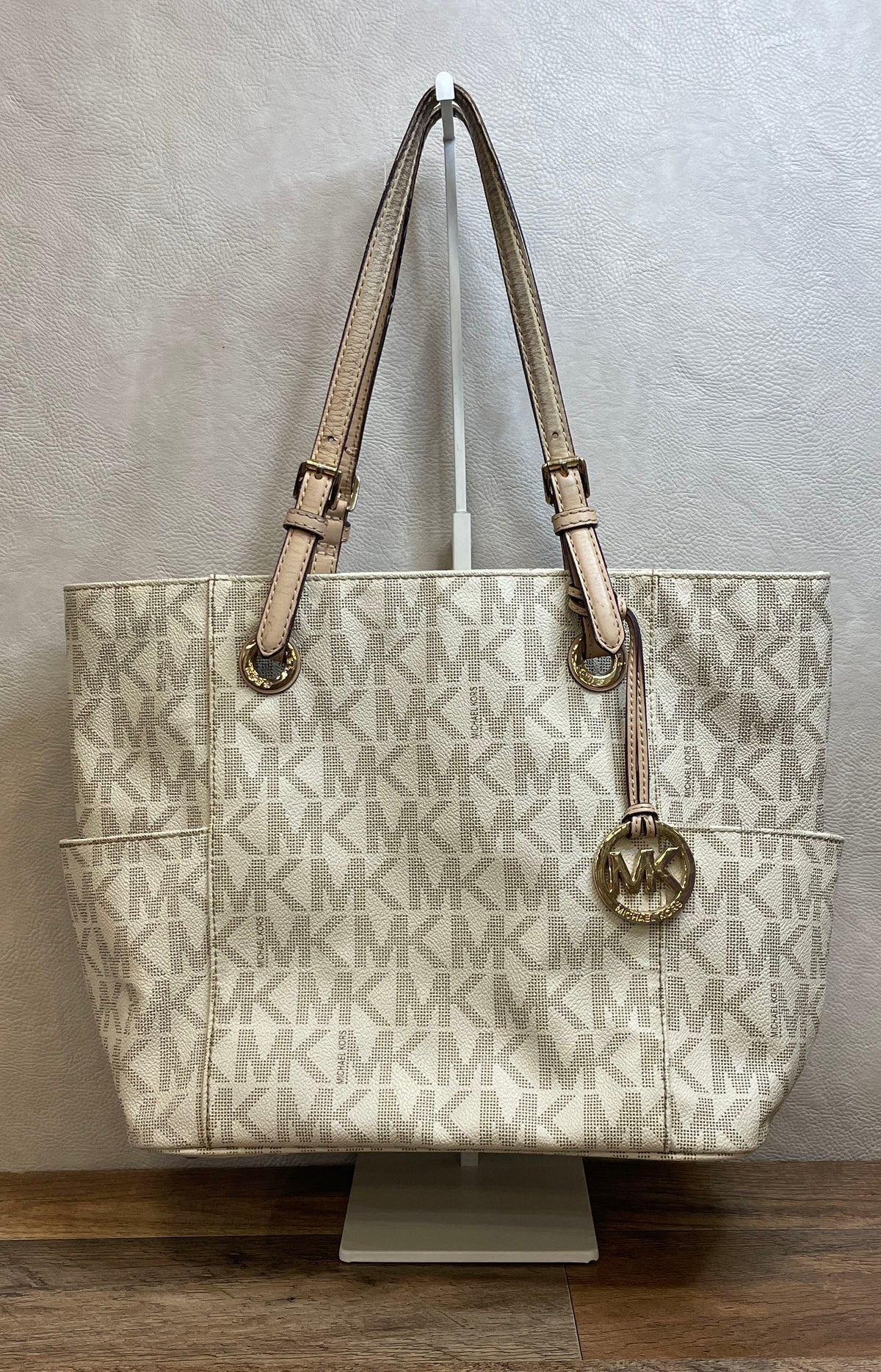 Michael Kors White Signature Jet Set Tote Bag Leather Trim Gold Hardware