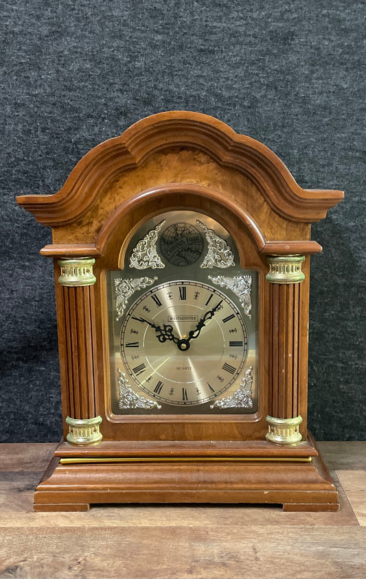 Vintage Westminster Quartz Mantle Clock Wood Case Traditional Tempus Fugit
