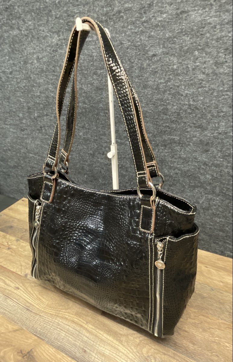 Sag Harbor Black Croc Embossed Faux Leather Tote Shoulder Bag Silver Hardware