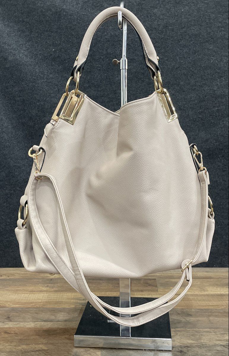 Dasein Grey Pebbled Vegan Leather Hobo Shoulder Bag Gold Tone Rhinestone