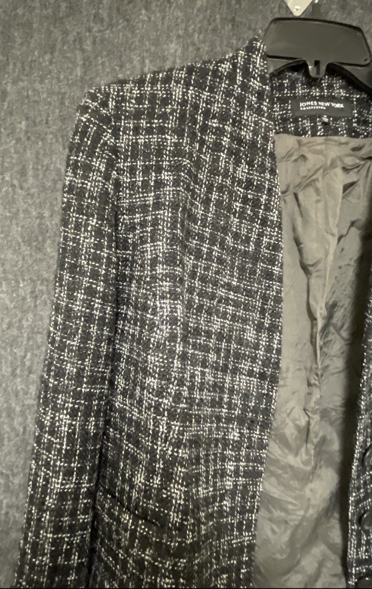 Jones New York Women's Black White Tweed Button Front Blazer Jacket Sz 14