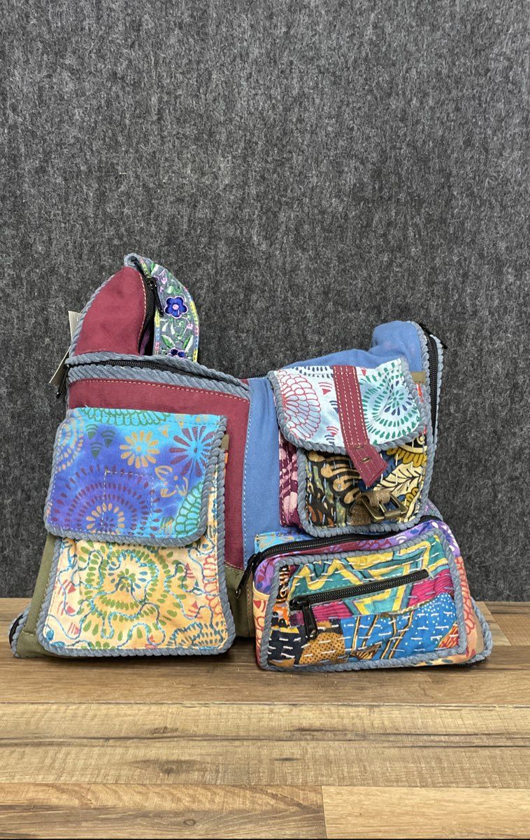 Blue Sky Seven Pocket Cargo Bag Patchwork Crossbody NWT Boho Floral Canvas