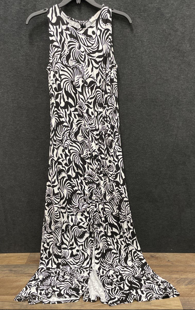 Loft Women's Black White Abstract Print Ruched Slit Maxi Dress Sz 10 NWT