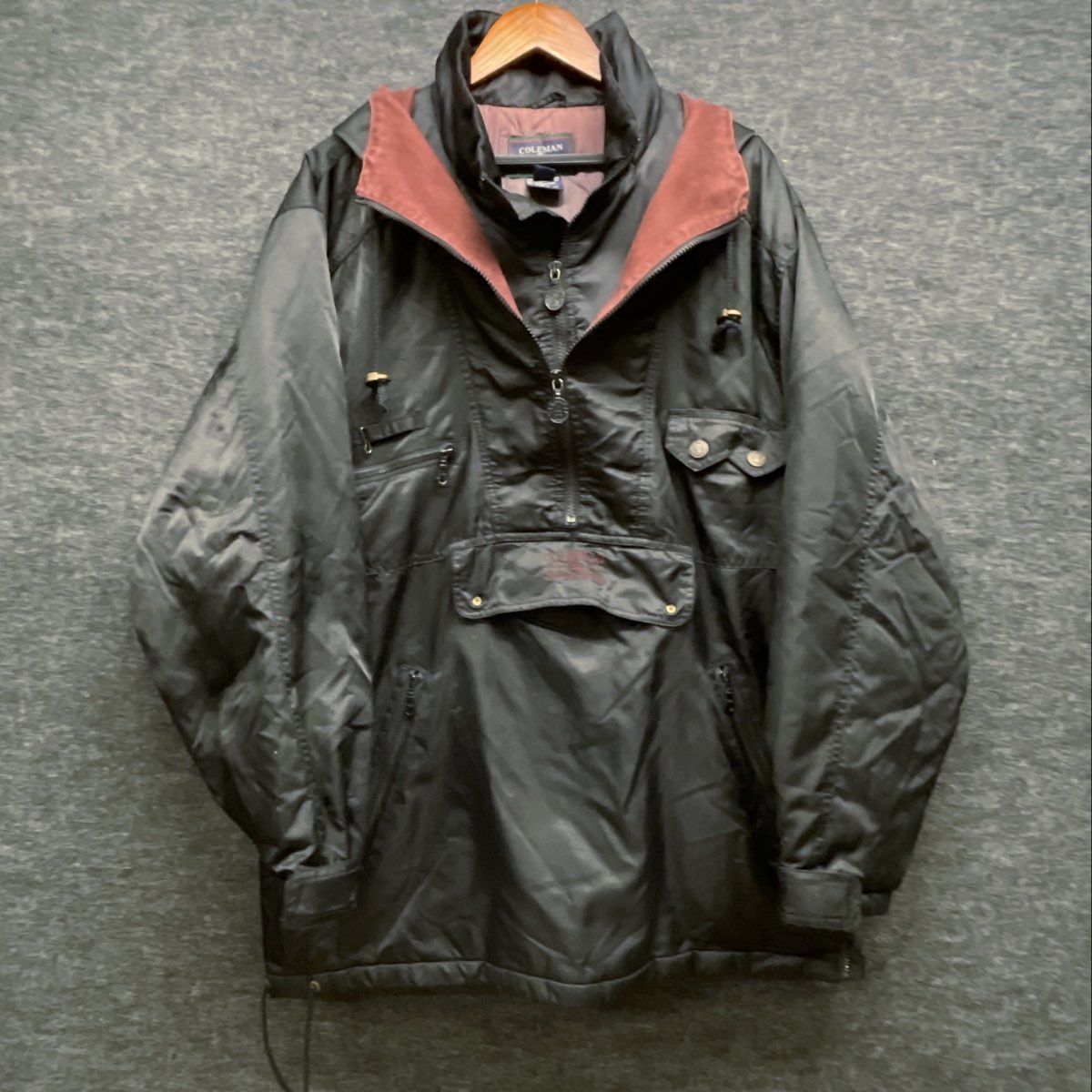 Vintage 90s Coleman Men's Black Anorak Half Zip Hooded Pullover Jacket