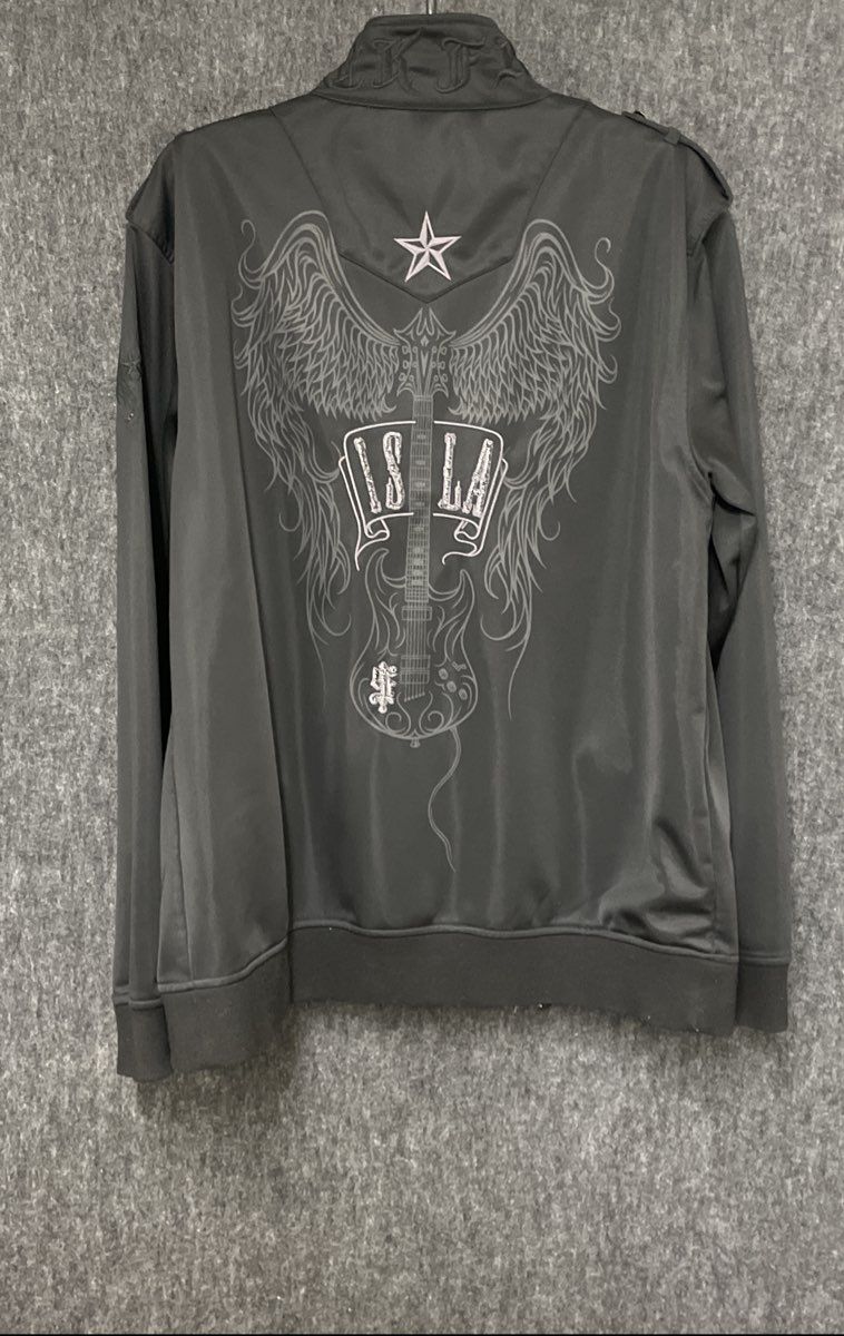 Indigo Star Men's Black Guitar Wings Graphic Zip Up Moto Track Jacket Sz L