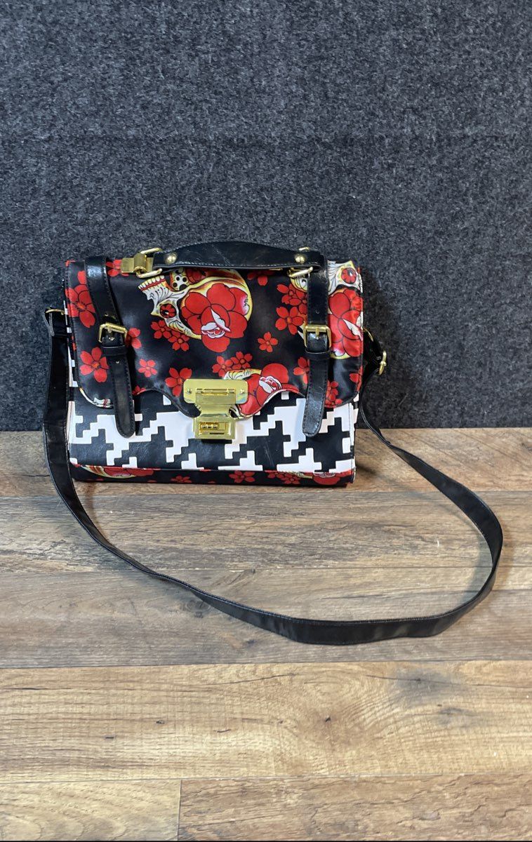Fox Trot Handbag Houndstooth Floral Skull Satchel Crossbody Gold Tone Hardware