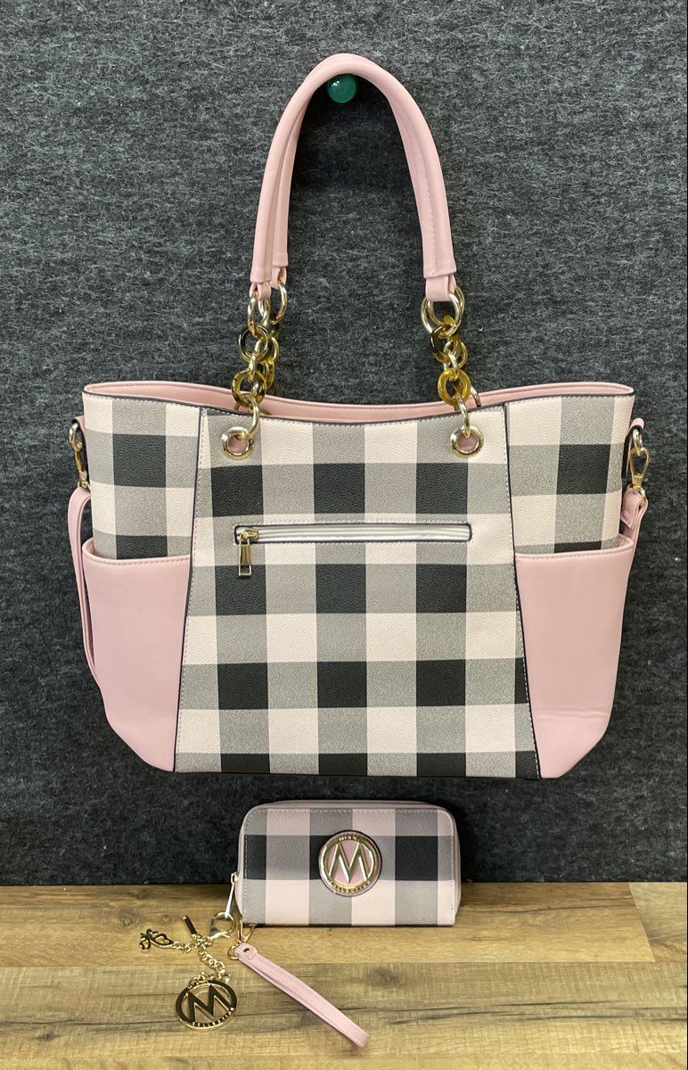 Mia K. Collection Pink Black Buffalo Check Gingham Tote Bag and Wallet Set