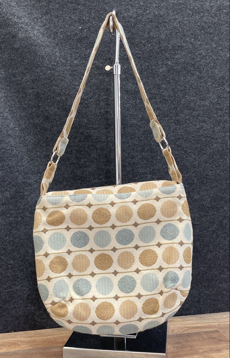 Dot's Needle Brown Tan Blue Woven Geometric Polka Dot Flap Shoulder Bag