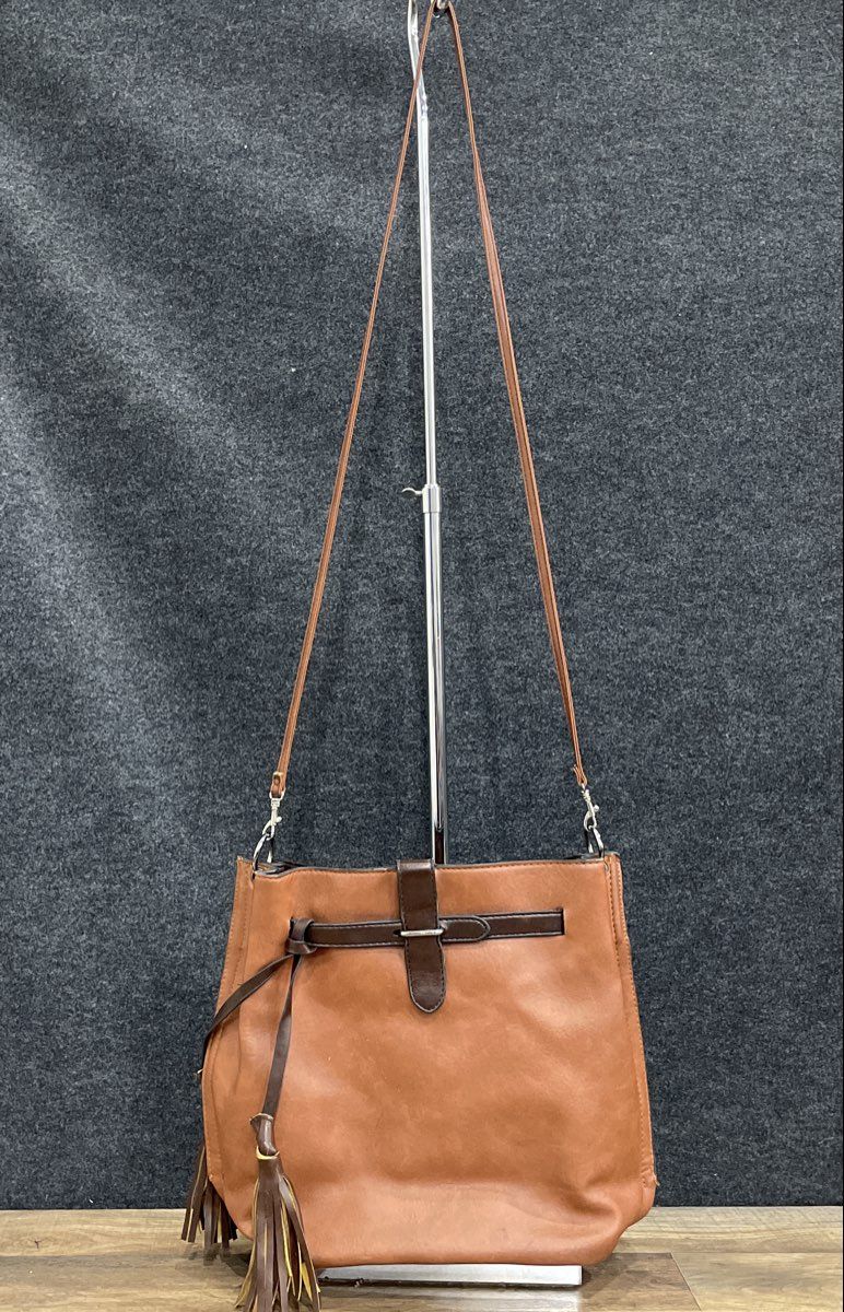 Unbranded Brown Leather Tassel Crossbody Bucket Bag Silver Hardware