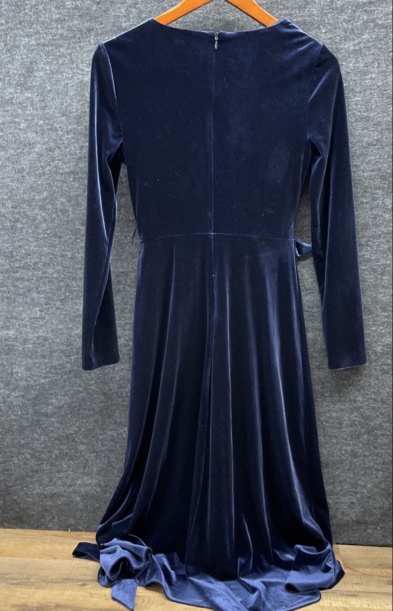 DKNY Women's Navy Blue Velvet Long Sleeve Faux Wrap V-Neck Maxi Dress Sz 2