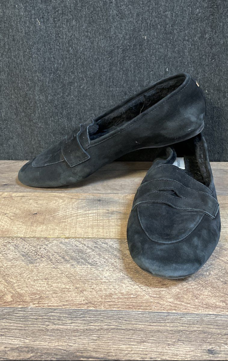 Birdies The Vesper Black Suede Faux Fur Lined Penny Loafers Women's Size 10