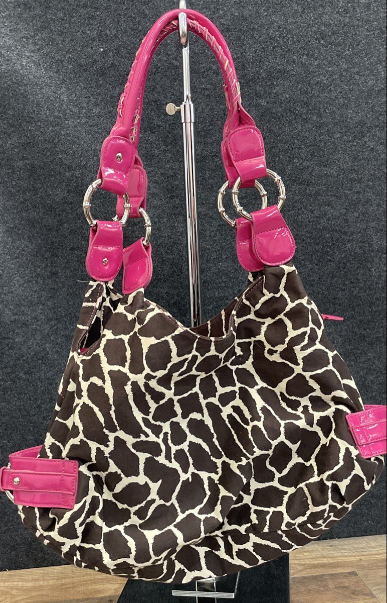 Top It Off Brown Pink Zebra Pattern Fabric Leather Accents Hobo Shoulder Bag